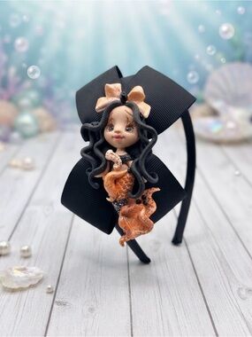 Custom clay Bow Headband with Peach Mermaid Doll Accent